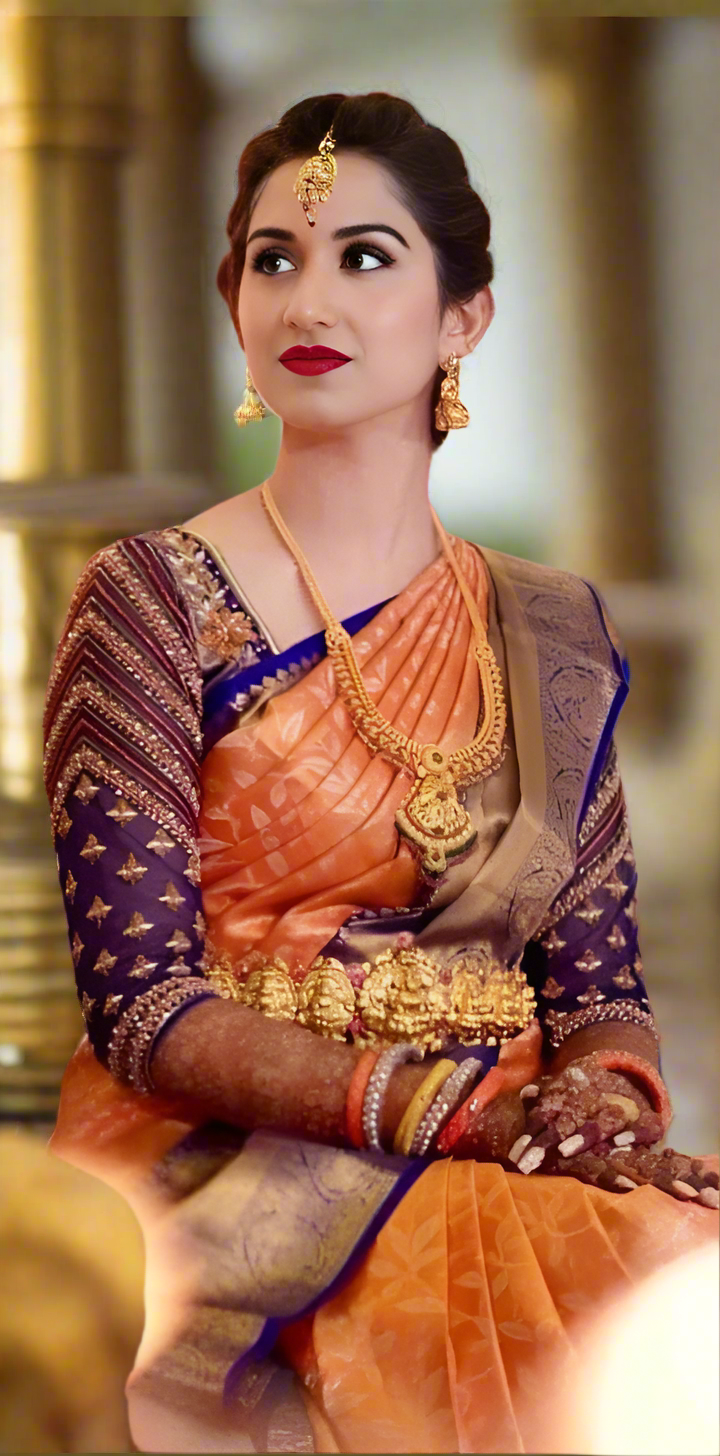 VLS-393 | Orange with Blue Border Kanjivaram Celebrity Inspired Silk Saree