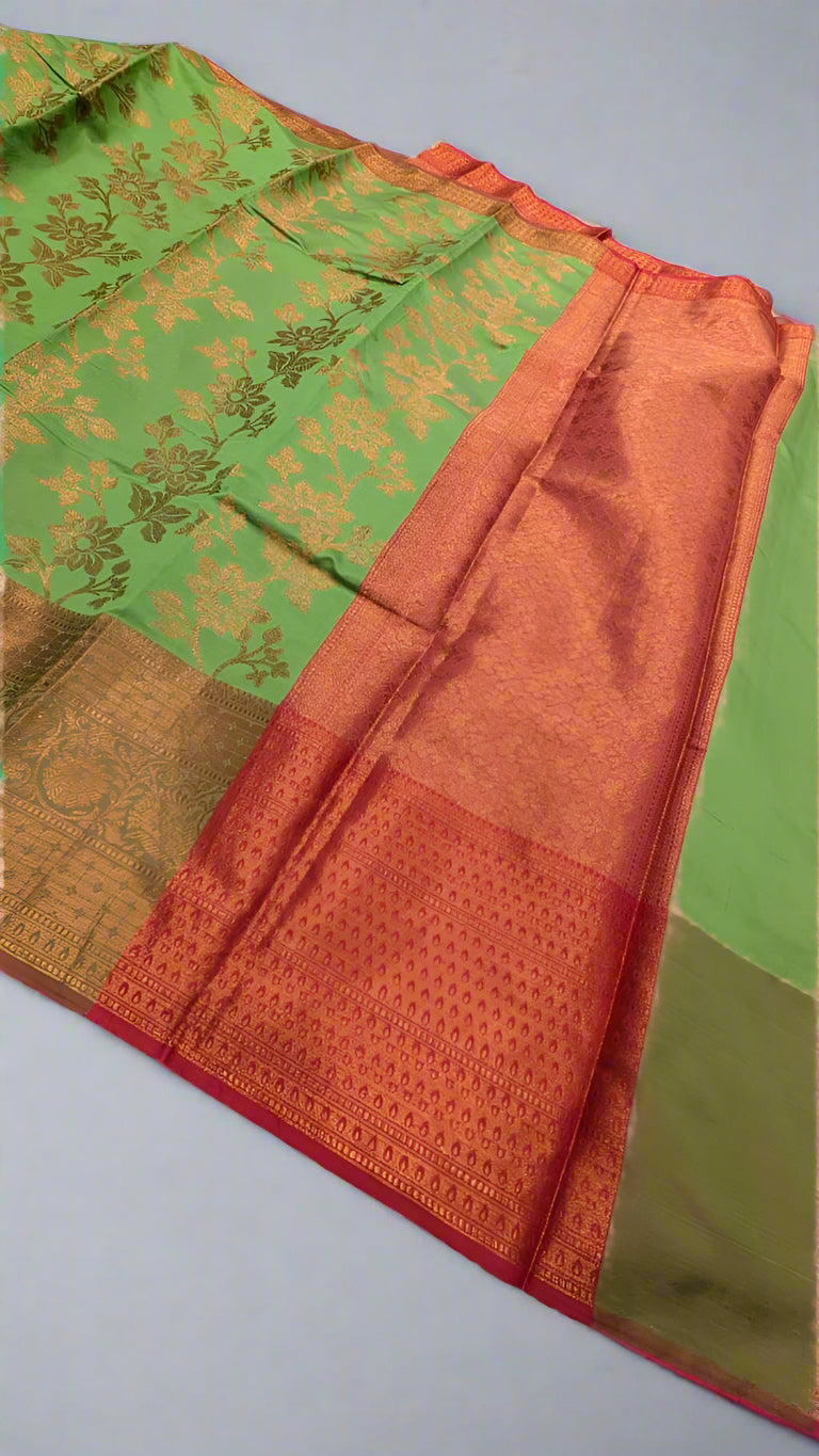 VLS 399 Banarasi Dupion Silk Saree – Parrot Green with Antique Copper Zari Zaal