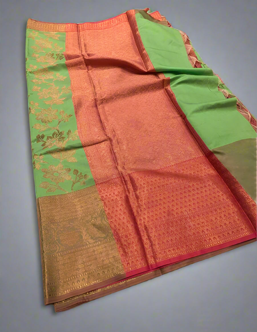 VLS 399 Banarasi Dupion Silk Saree – Parrot Green with Antique Copper Zari Zaal
