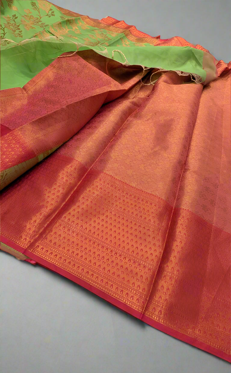VLS 399 Banarasi Dupion Silk Saree – Parrot Green with Antique Copper Zari Zaal