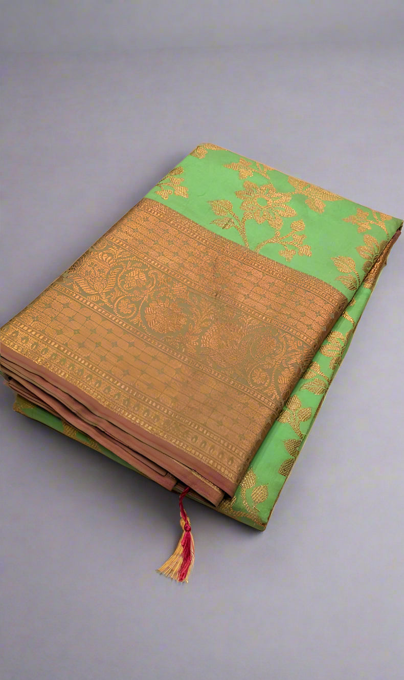 VLS 399 Banarasi Dupion Silk Saree – Parrot Green with Antique Copper Zari Zaal