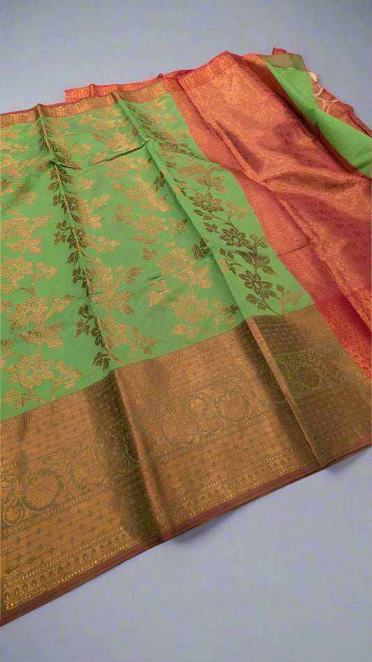VLS 399 Banarasi Dupion Silk Saree – Parrot Green with Antique Copper Zari Zaal