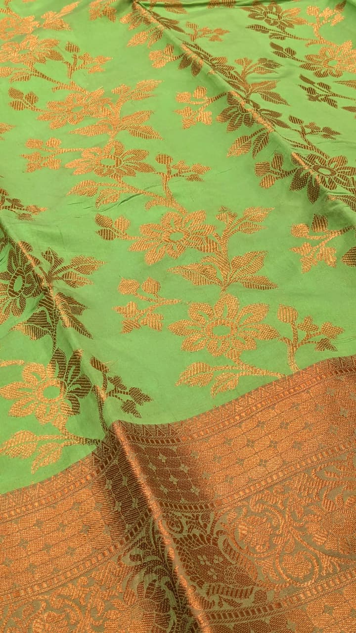 VLS 399 Banarasi Dupion Silk Saree – Parrot Green with Antique Copper Zari Zaal