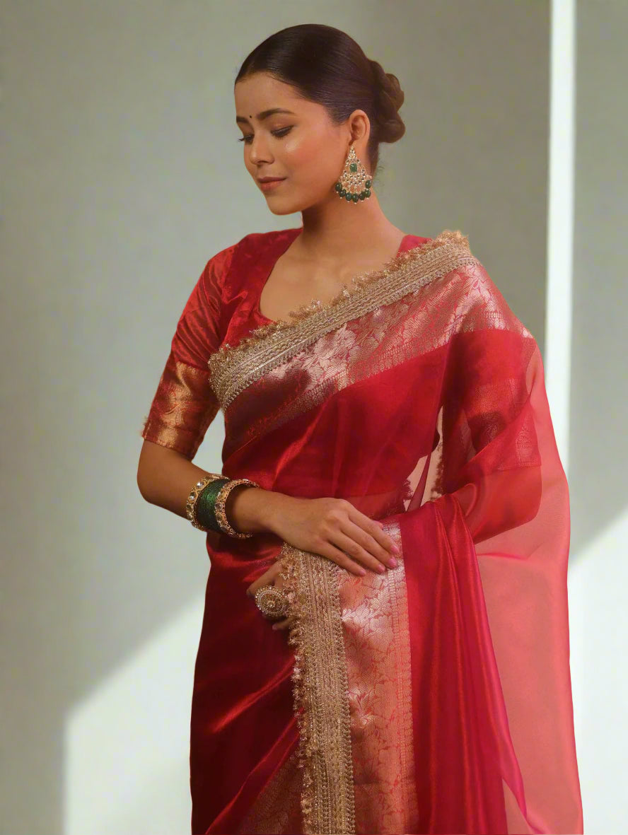 VLS-407 Banarasi Semi Zari Tissue Soft Silk Saree with Designer Lace Border