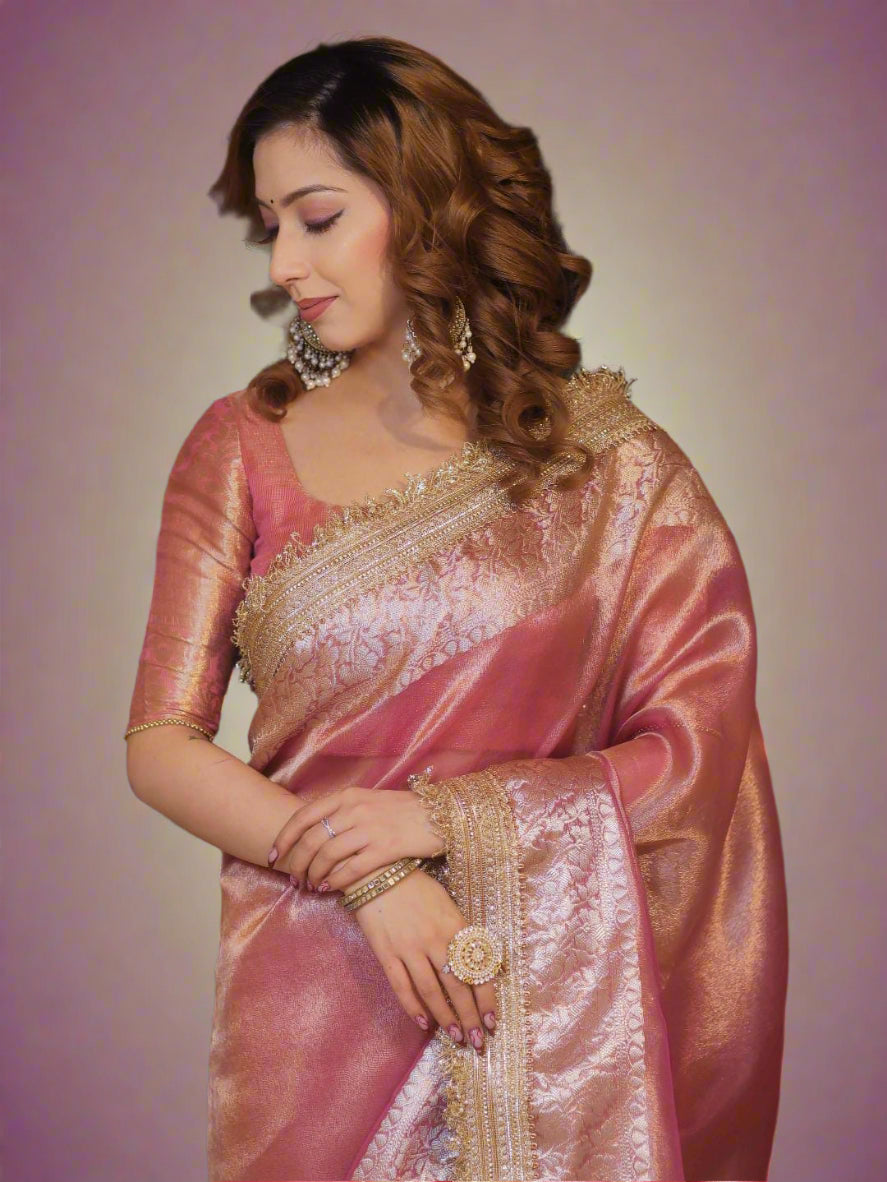 VLS-407 Banarasi Semi Zari Tissue Soft Silk Saree with Designer Lace Border