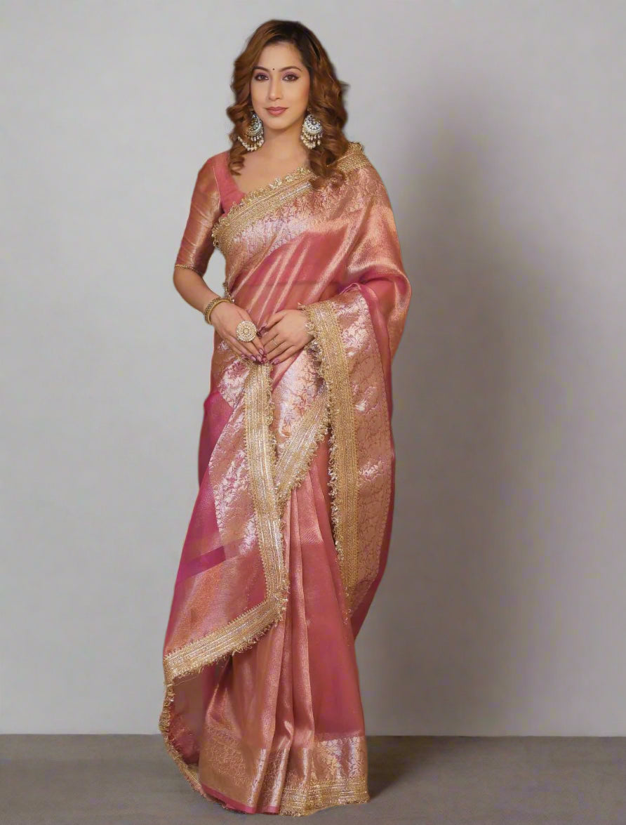 VLS-407 Banarasi Semi Zari Tissue Soft Silk Saree with Designer Lace Border