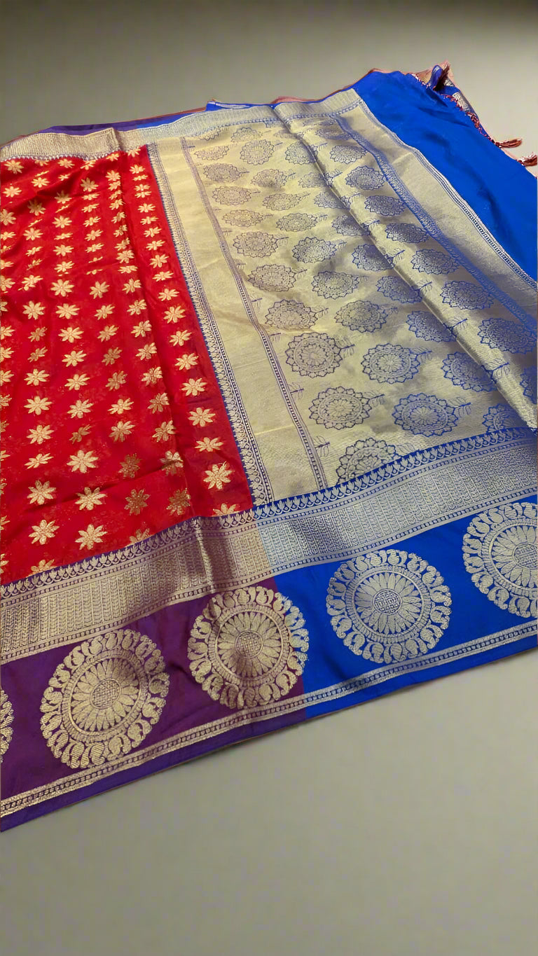 VLS-411 saree post even more detailed and attractive with the red body + royal blue contrast pallu & blouse