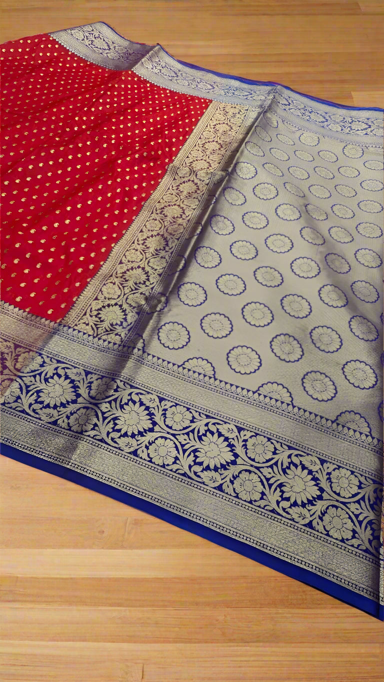 VLS-409 saree post even more detailed and attractive with the red body + royal blue contrast pallu & blouse
