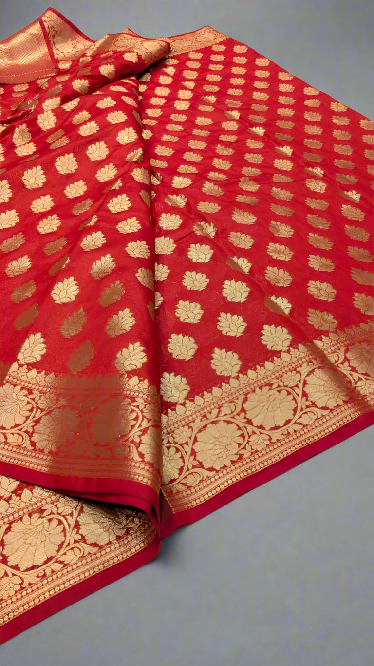 VLS-408 Red Golden Zari Katan Booti Saree