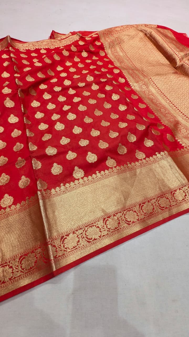 VLS-412 Banarasi Red Katan Silk Saree with Golden Zari Booti – Classic Elegance