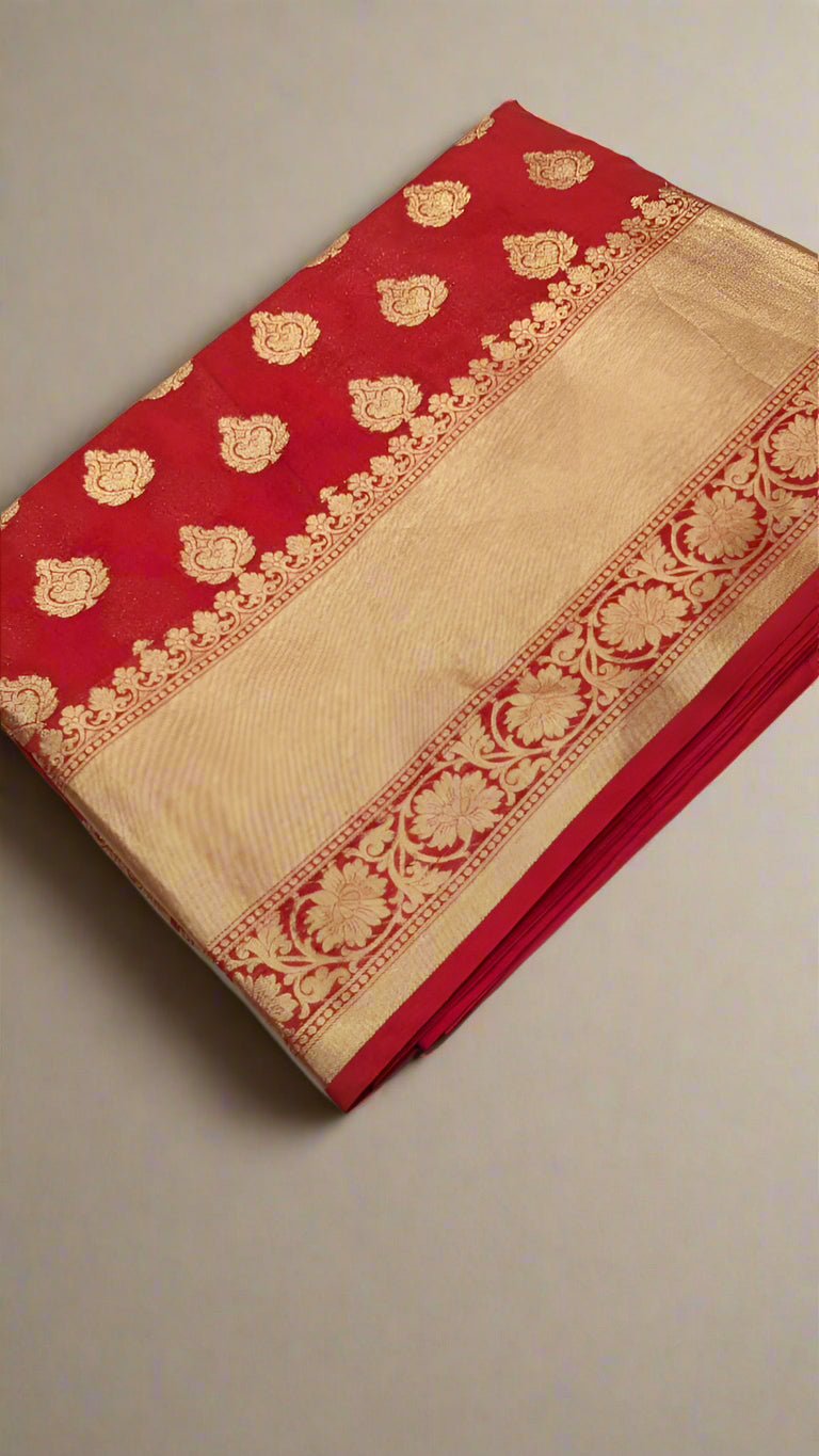 VLS-412 Banarasi Red Katan Silk Saree with Golden Zari Booti – Classic Elegance