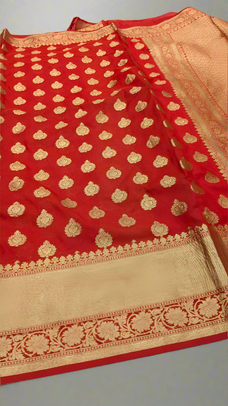 VLS-412 Banarasi Red Katan Silk Saree with Golden Zari Booti – Classic Elegance