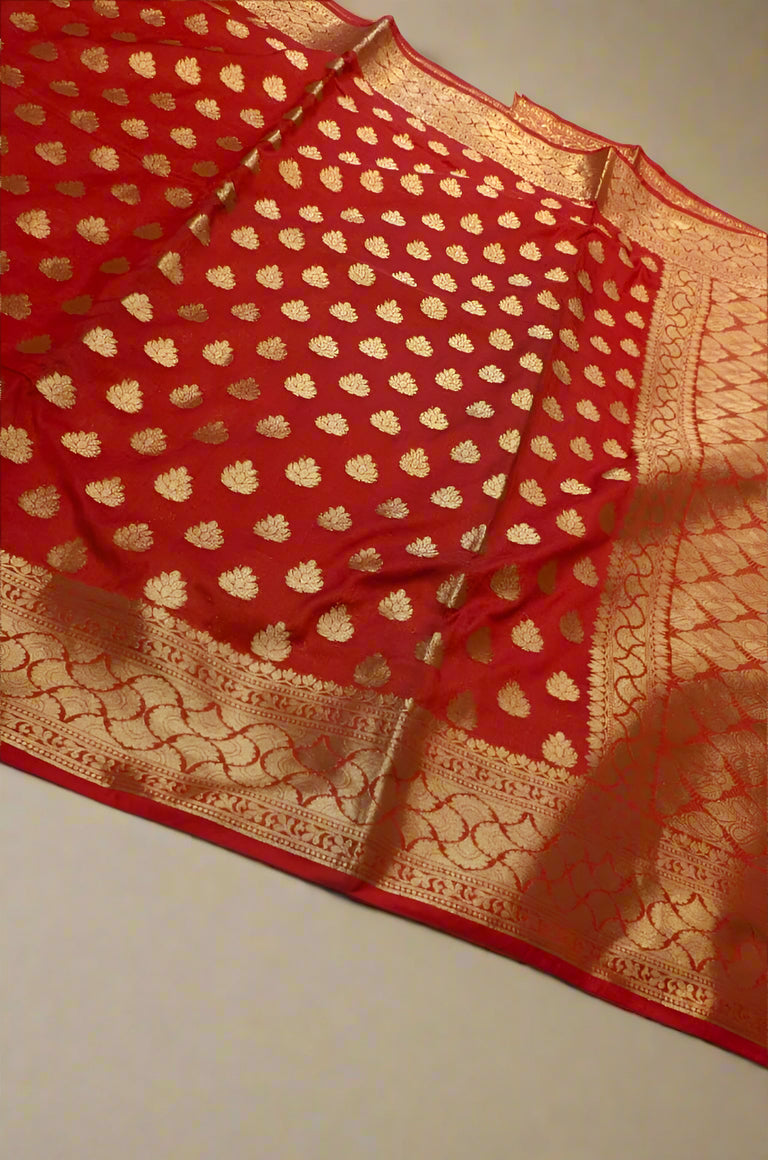 VLS-412 Banarasi Red Katan Silk Saree with Golden Zari Booti β Classic Elegance