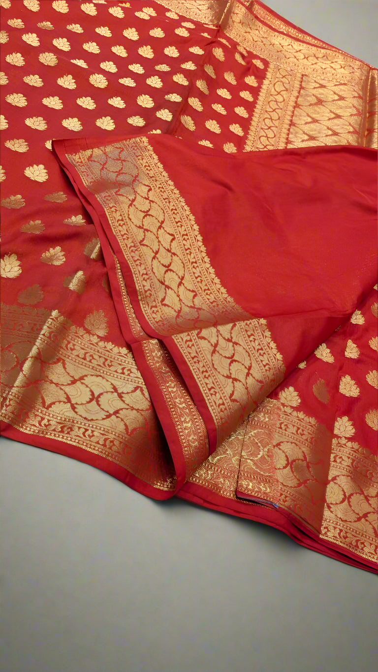 VLS-412 Banarasi Red Katan Silk Saree with Golden Zari Booti β Classic Elegance