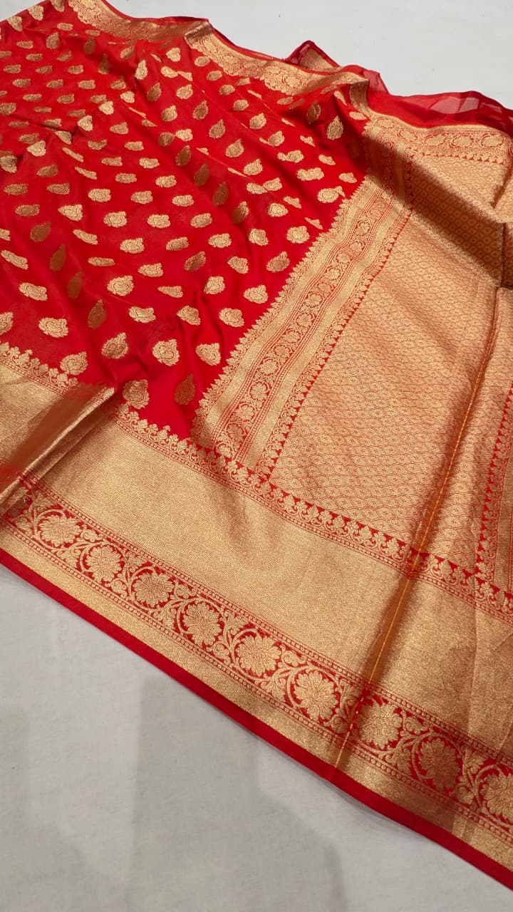 VLS-412 Banarasi Red Katan Silk Saree with Golden Zari Booti – Classic Elegance