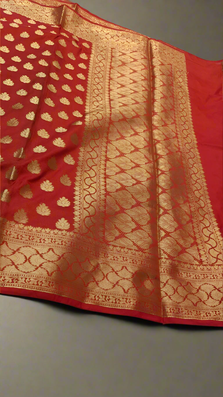 VLS-412 Banarasi Red Katan Silk Saree with Golden Zari Booti β Classic Elegance