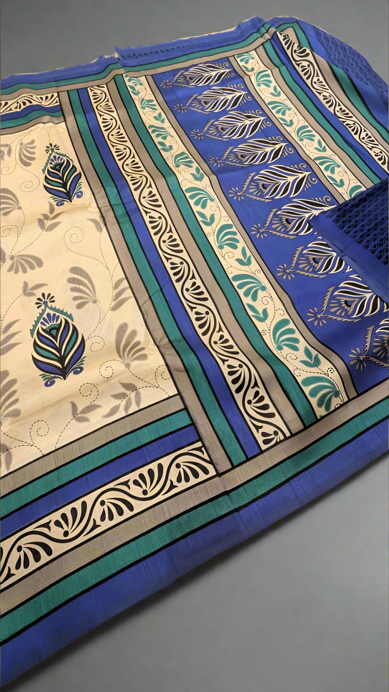 VLS-416 Banarasi Khadi Silk Printed Saree – Lightweight & Bright Hand Printed Elegance