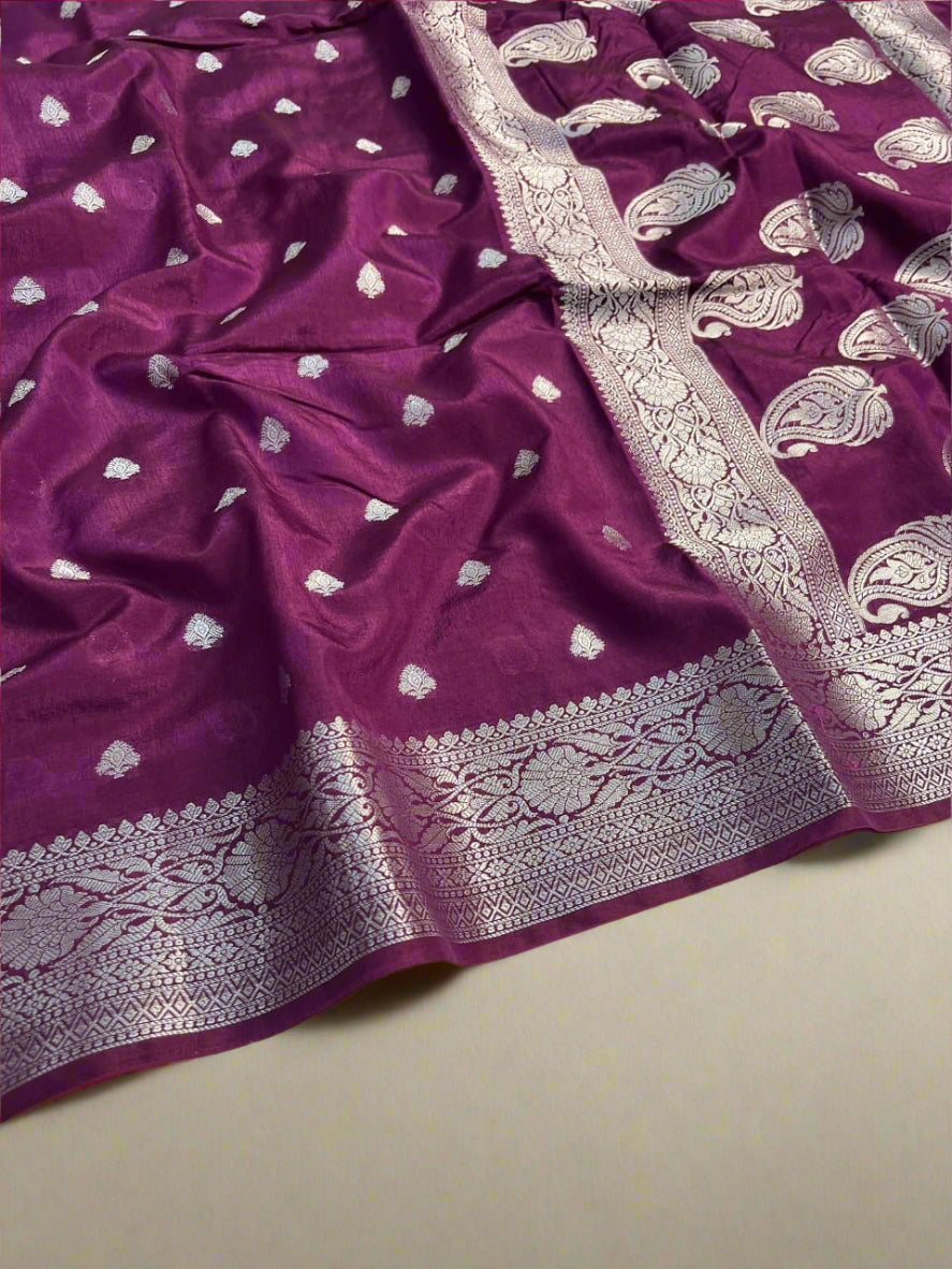 VLS-423 Banarasi Handloom Viscose Soft Silk Saree with Silver Zari Butti & Designer Borders