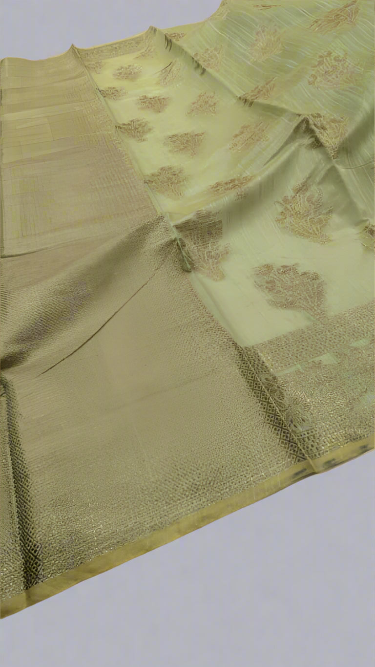 Product Code: VLS 424 Banarasi Linen Silk Saree – Pista Parrot Green | Antique Zari Boota