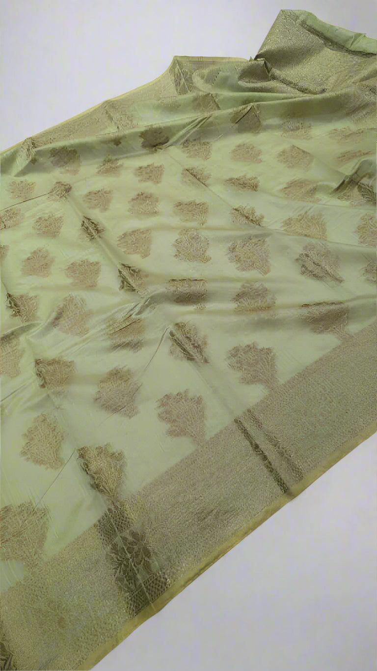 Product Code: VLS 424 Banarasi Linen Silk Saree – Pista Parrot Green | Antique Zari Boota