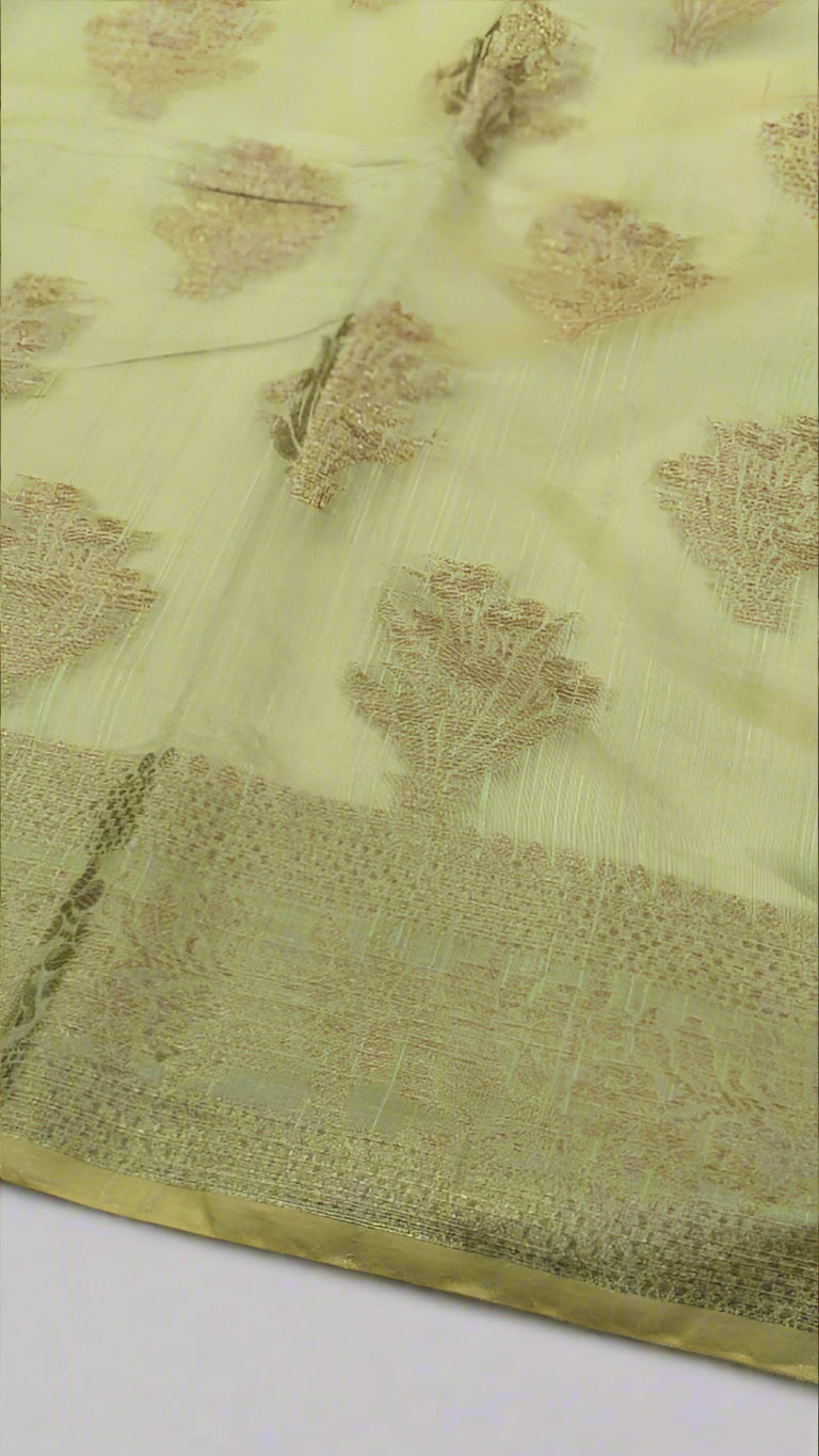 Product Code: VLS 424 Banarasi Linen Silk Saree – Pista Parrot Green | Antique Zari Boota