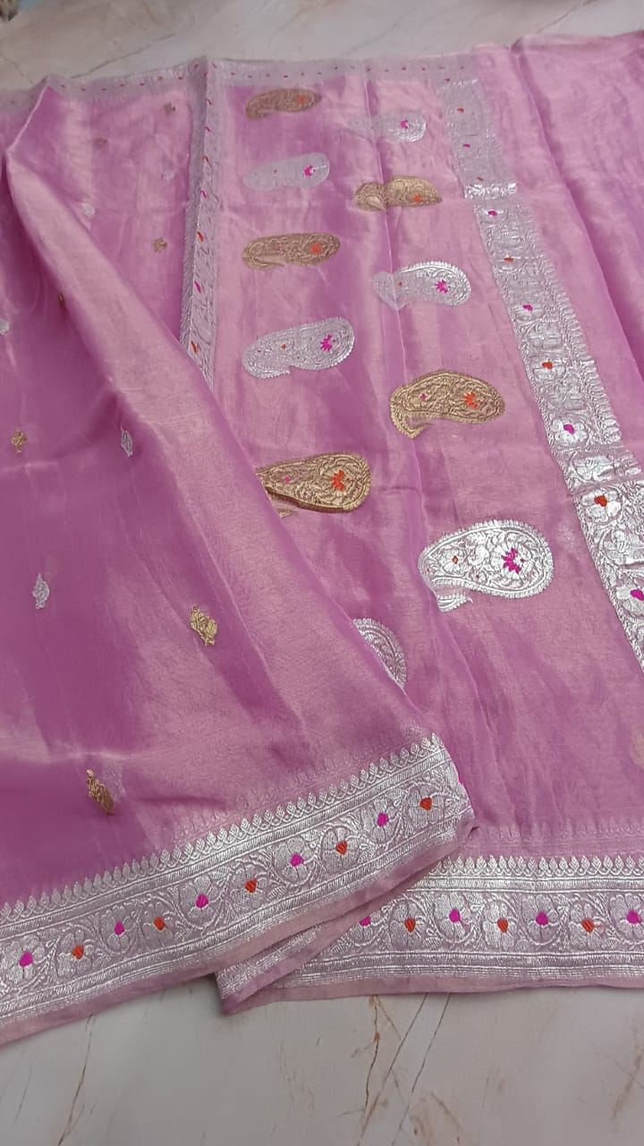 Pure Handloom Khaddi Georgette Kadhwa Saree – Off-White with Pink Pallu | VLS 433