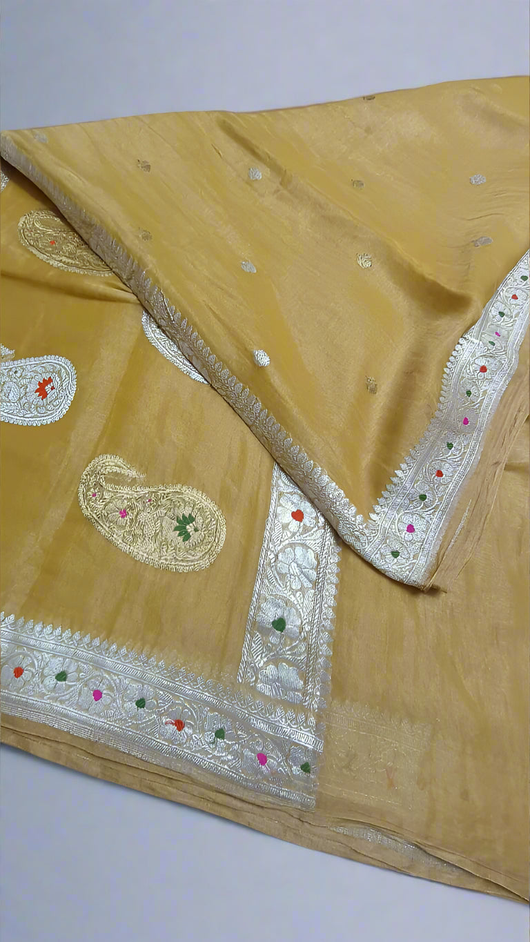Pure Handloom Khaddi Georgette Kadhwa Saree โ Golden Yellow | VLS 435
