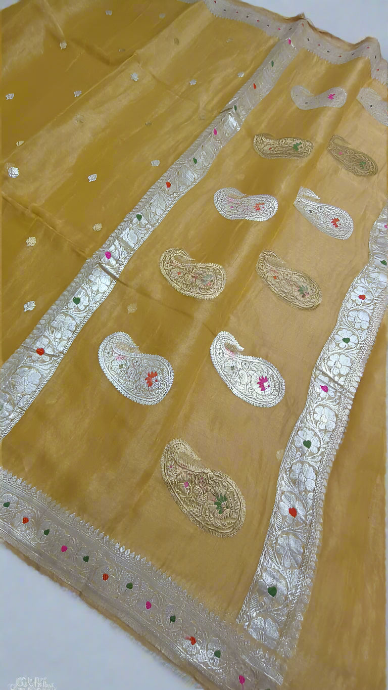 Pure Handloom Khaddi Georgette Kadhwa Saree โ Golden Yellow | VLS 435