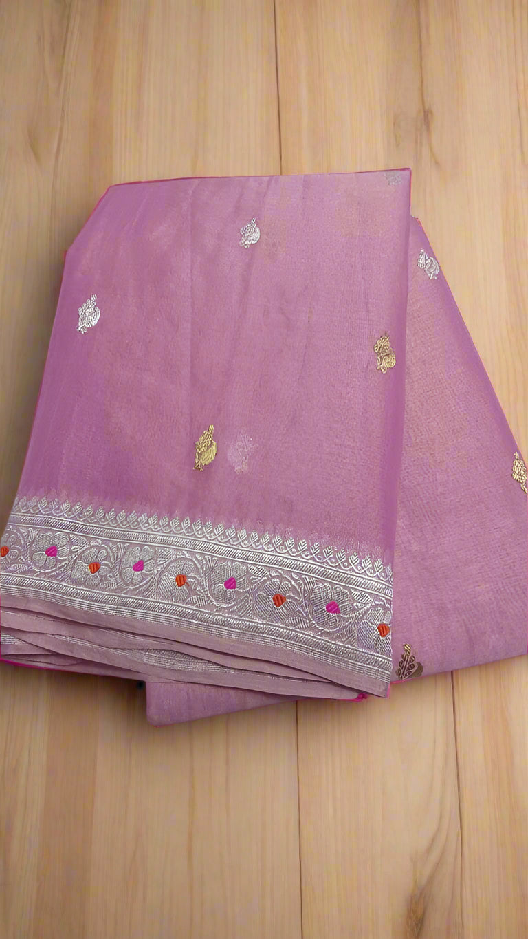 Pure Handloom Khaddi Georgette Kadhwa Saree – Off-White with Pink Pallu | VLS 433