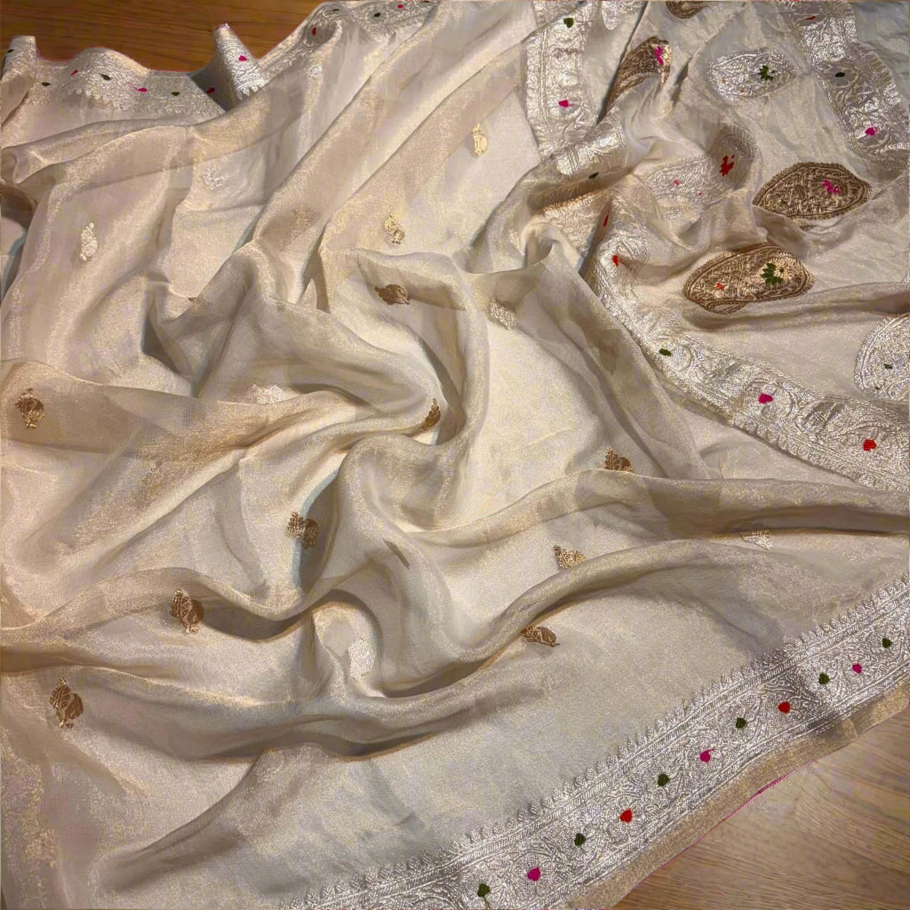 Pure Handloom Khaddi Georgette Kadhwa Saree with Golden, Silver & Copper Zari | VLS 432