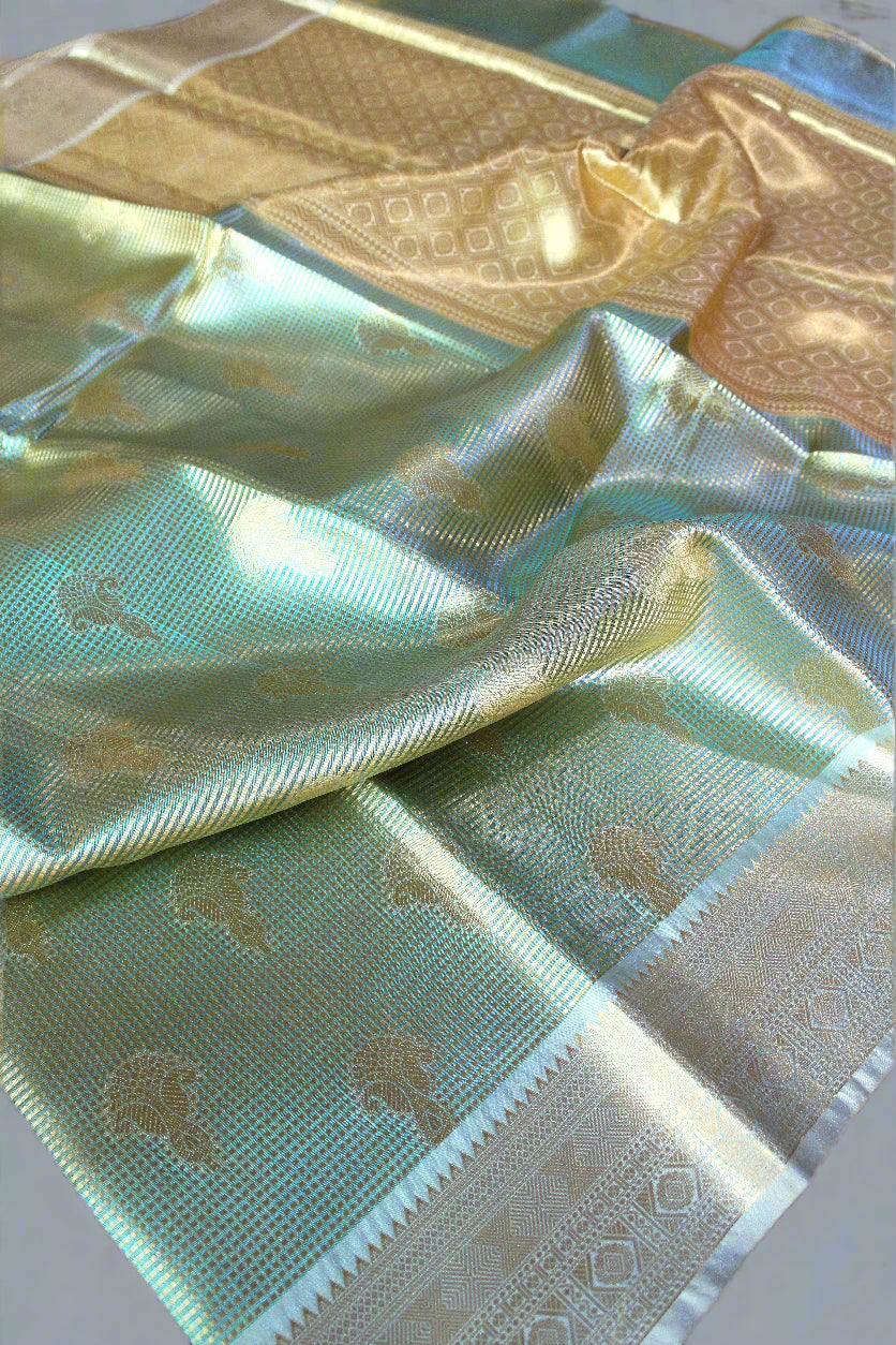 VLS 406 Banarasi Glass Tissue Saree with Contrast Alfi Border & Designer Blouse Piece β Introductory Offer