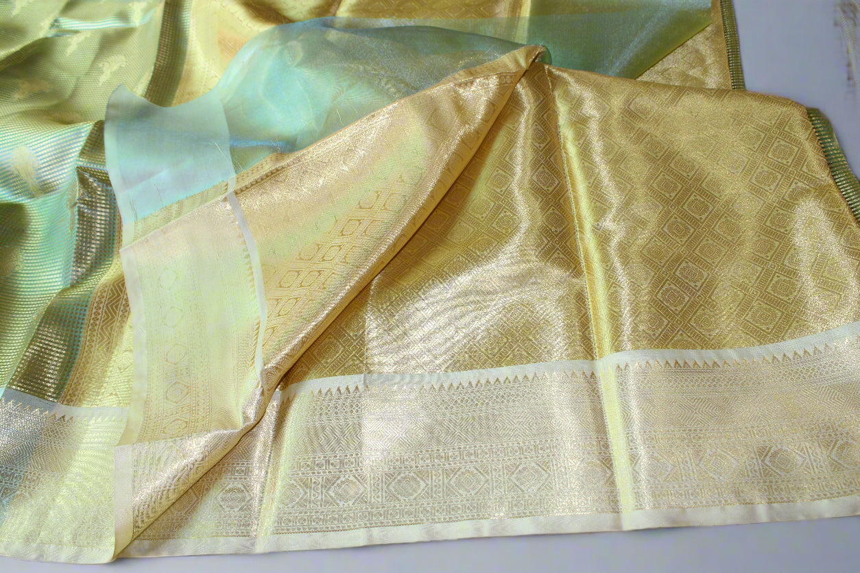 VLS 406 Banarasi Glass Tissue Saree with Contrast Alfi Border & Designer Blouse Piece β Introductory Offer