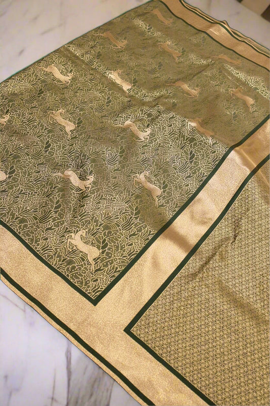 Banarasi Soft Silk Saree with Embossed Tissue Weaving & Reindeer Motif