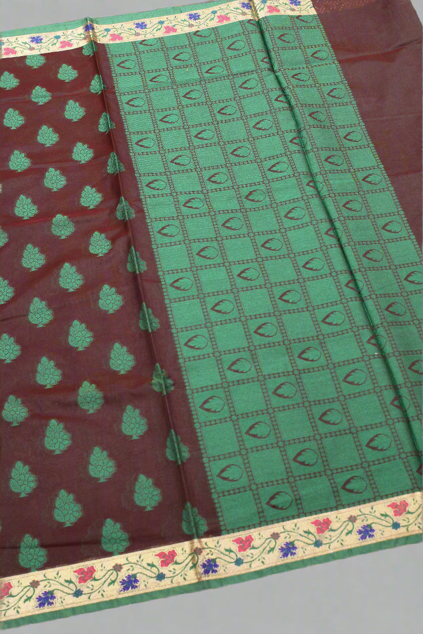Banarasi Cotton Silk Saree – Coffen Brown with Green Border | VLS 427