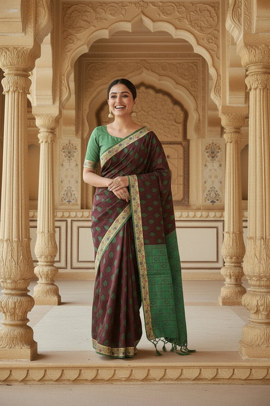 Banarasi Cotton Silk Saree – Coffen Brown with Green Border | VLS 427