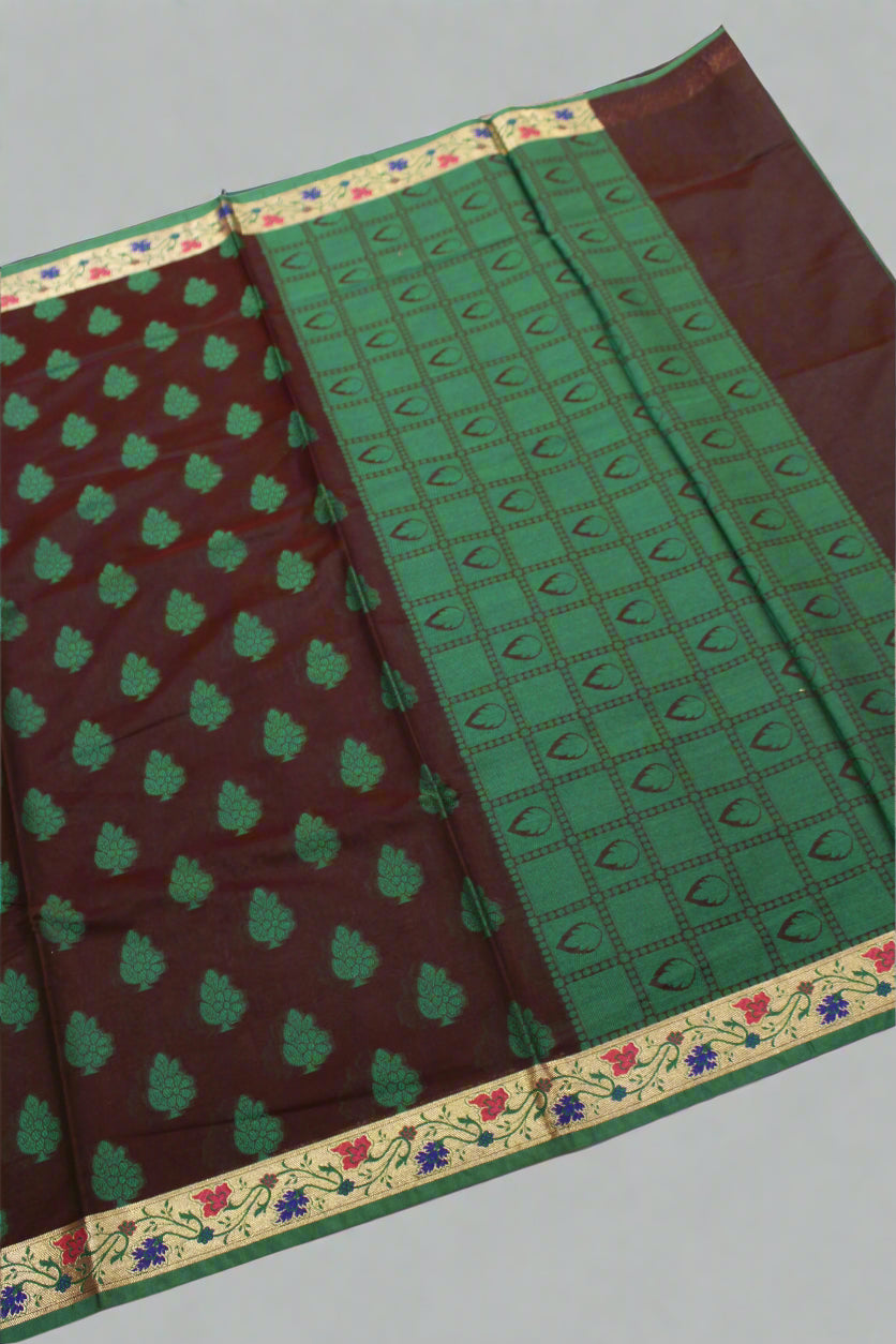 Banarasi Cotton Silk Saree – Coffen Brown with Green Border | VLS 427