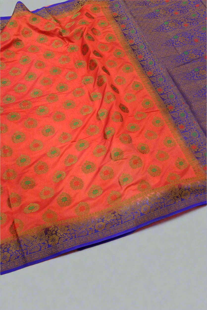 Premium Dupion Katan Silk Saree โ Peach Pink with Royal Blue Border | VLS 429