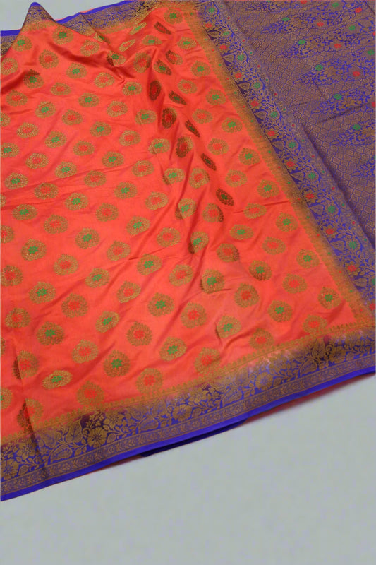 Premium Dupion Katan Silk Saree – Peach Pink with Royal Blue Border | VLS 429