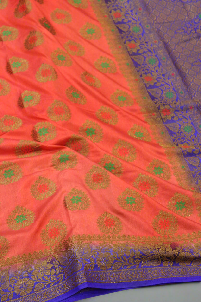 Premium Dupion Katan Silk Saree โ Peach Pink with Royal Blue Border | VLS 429