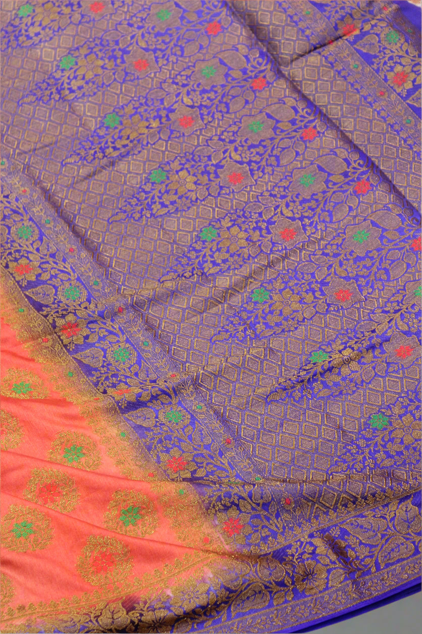 Premium Dupion Katan Silk Saree โ Peach Pink with Royal Blue Border | VLS 429