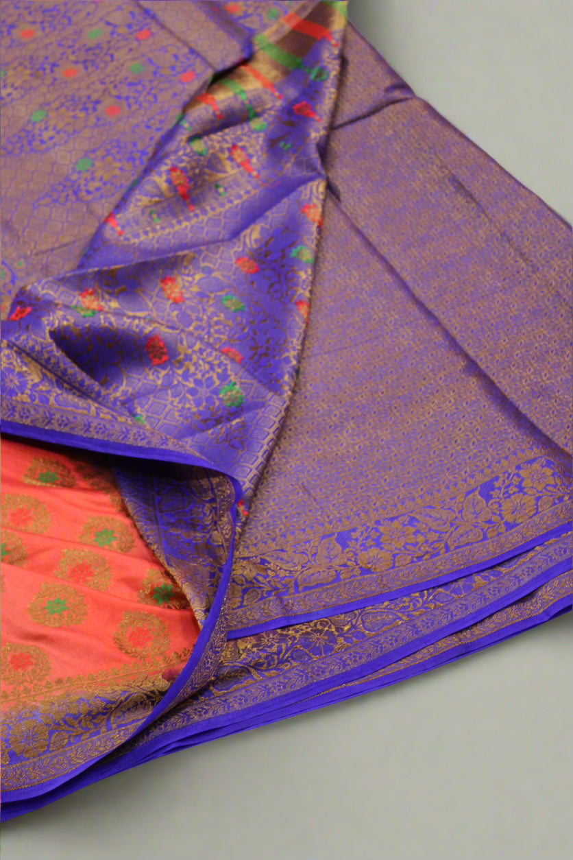 Premium Dupion Katan Silk Saree โ Peach Pink with Royal Blue Border | VLS 429