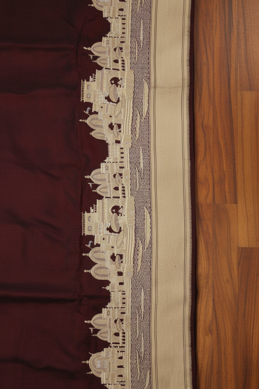 VLS 484 – Luxury Pure Silk Katan Banarasi Saree in Dark Brownish Maroon with Famous Ghat Design