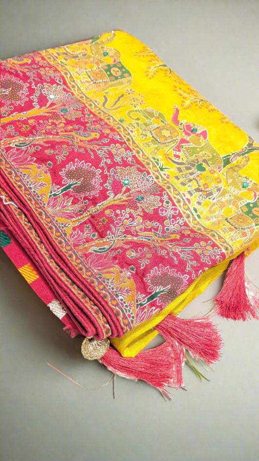 Mango Dupion Silk Handwoven Saree with Skirt Border & Meenakari Figurine Design