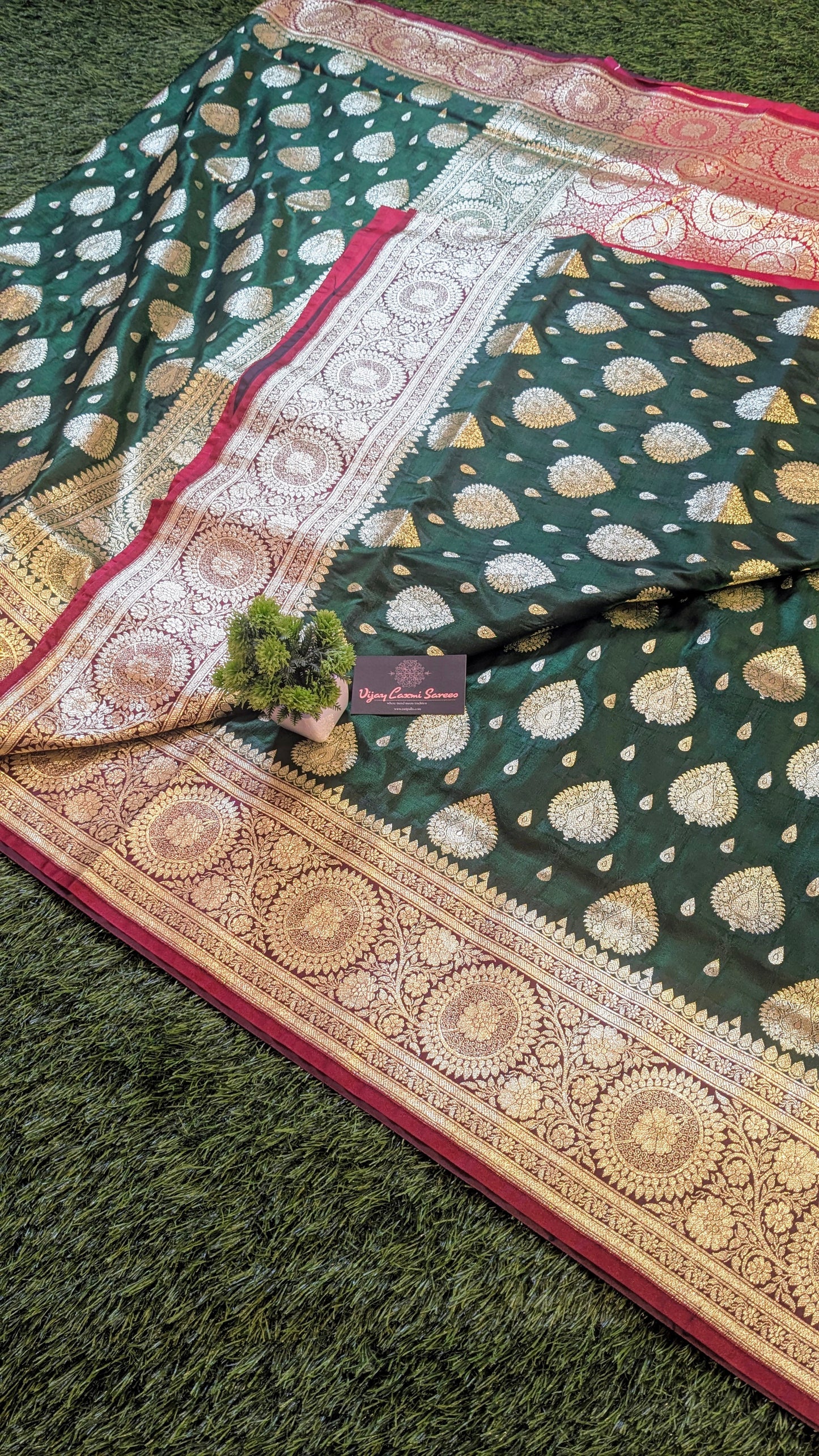 Banarasi Satin Mashru Katan Silk Saree with Double Golden Zari Bootas and Meenakari Accents