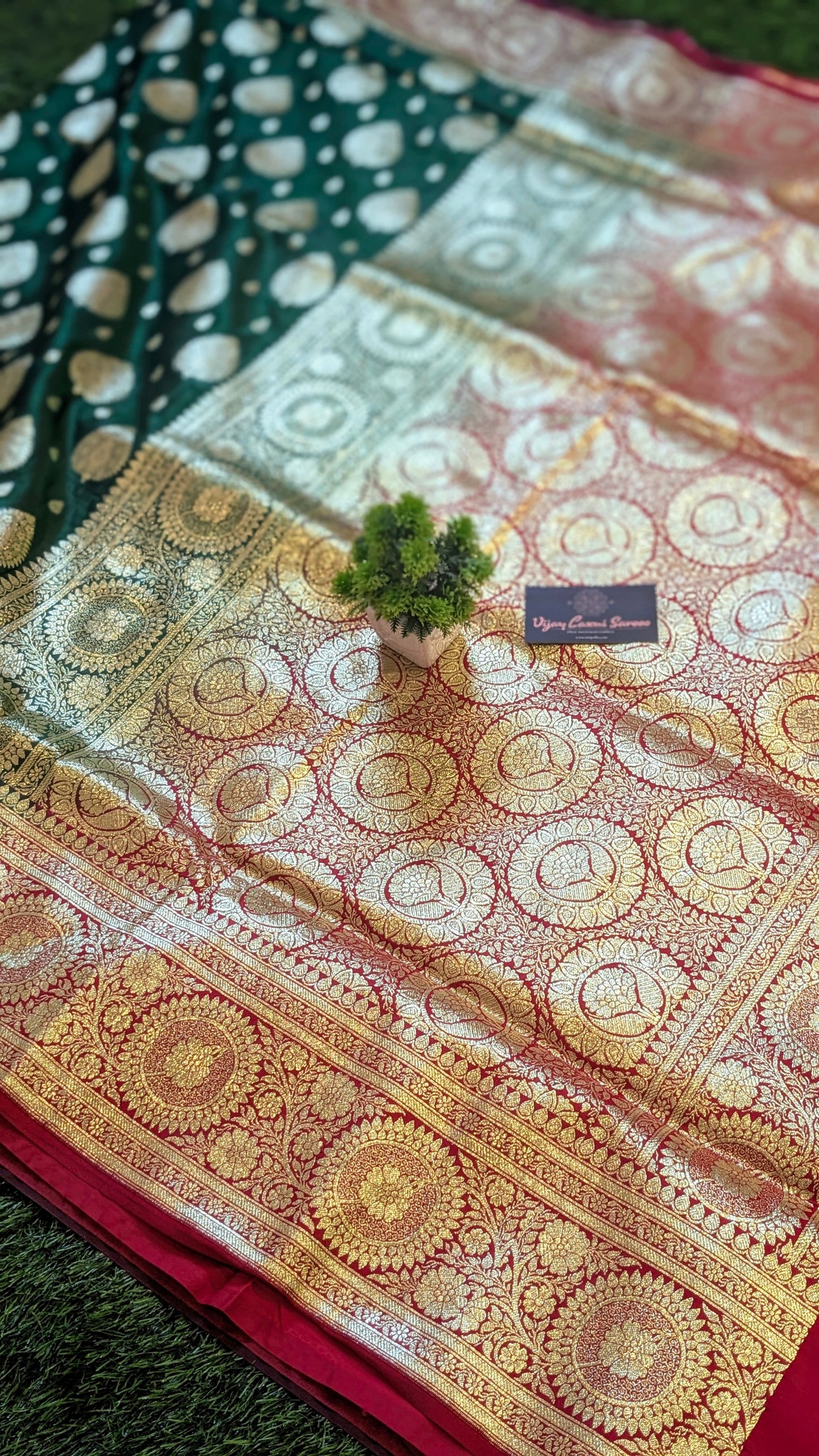 Banarasi Satin Mashru Katan Silk Saree with Double Golden Zari Bootas and Meenakari Accents