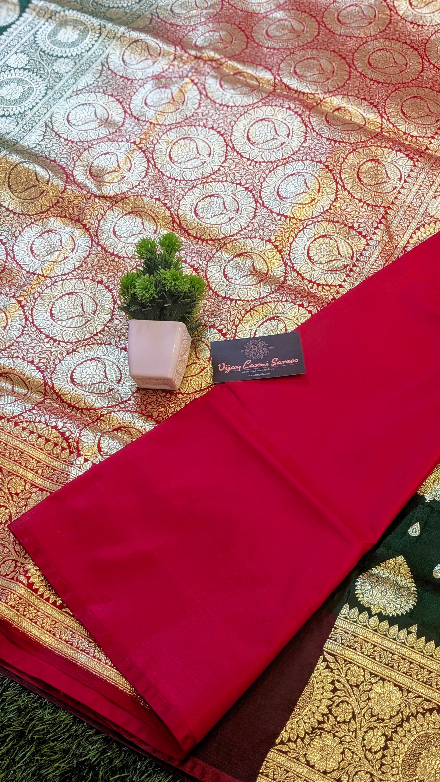 Banarasi Satin Mashru Katan Silk Saree with Double Golden Zari Bootas and Meenakari Accents