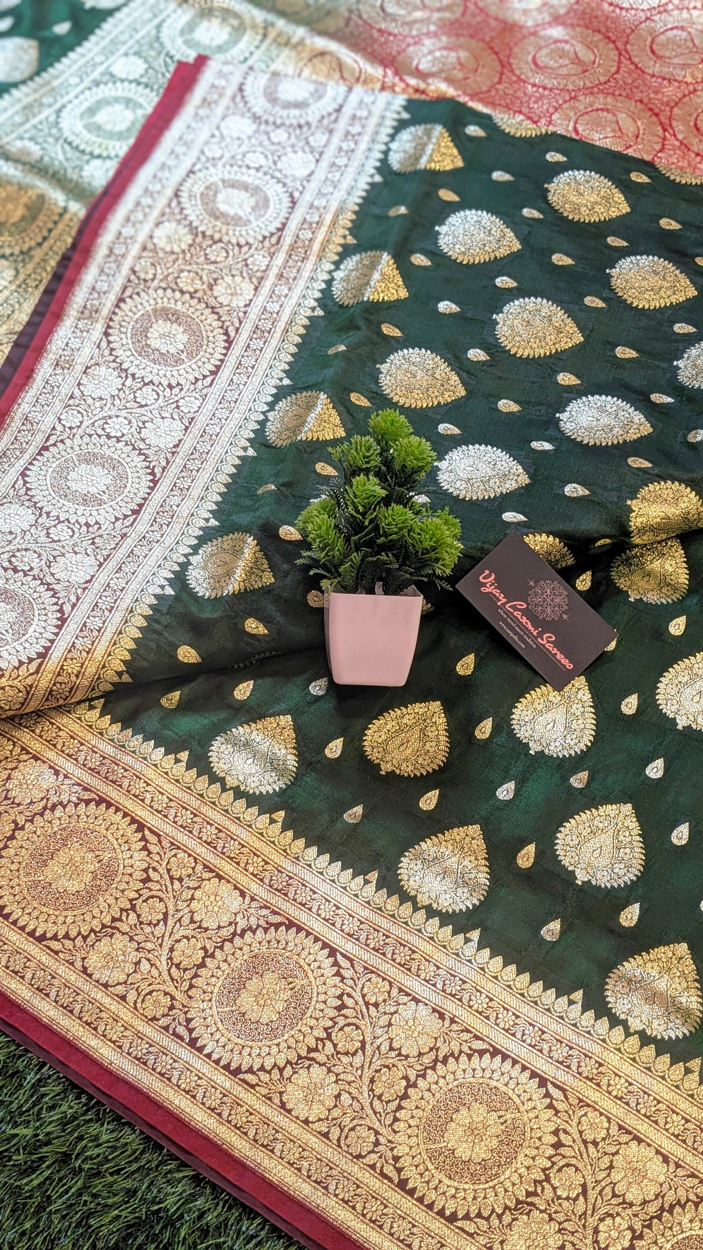 Banarasi Satin Mashru Katan Silk Saree with Double Golden Zari Bootas and Meenakari Accents