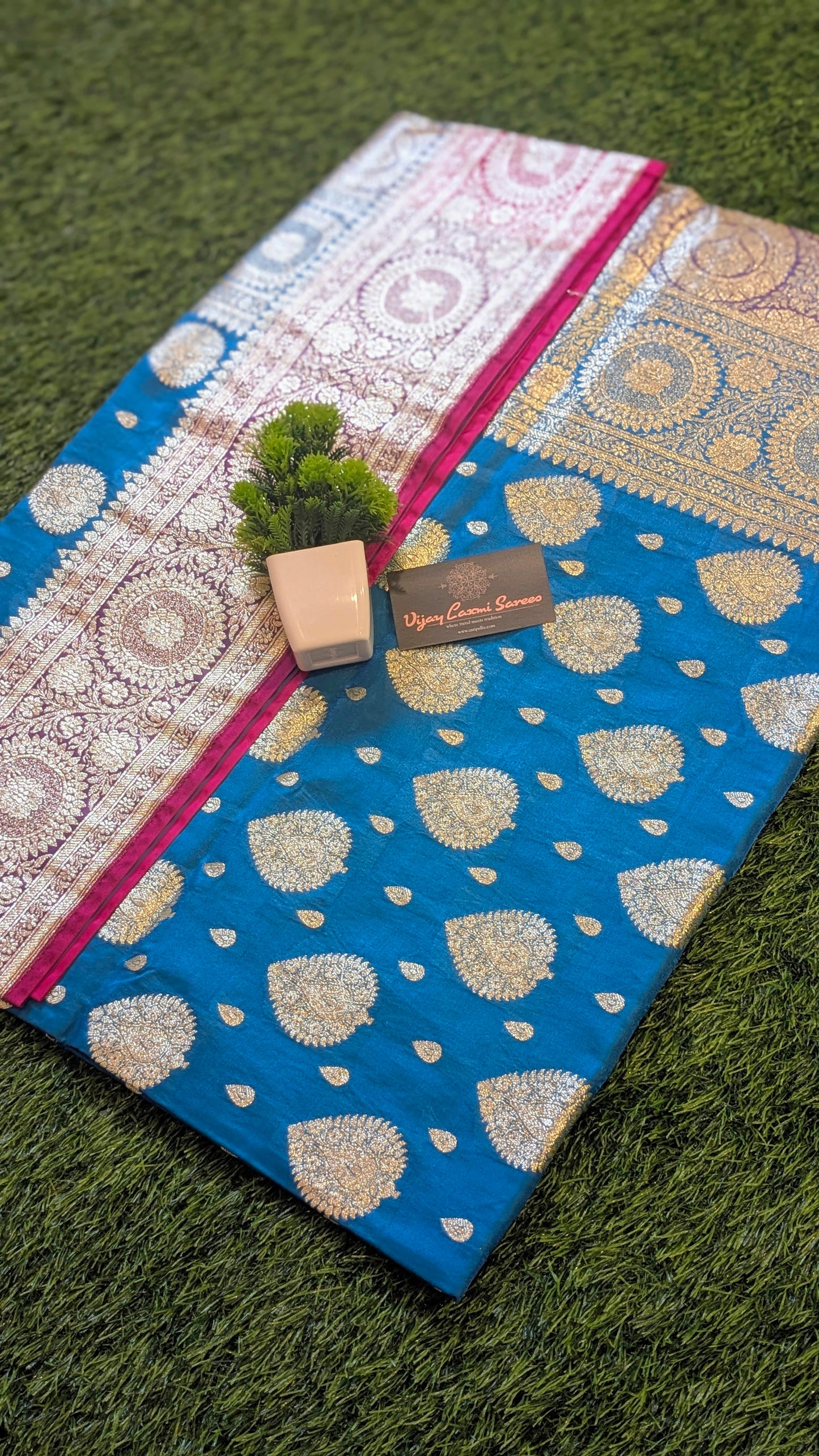 Banarasi Satin Mashru Katan Silk Saree with Double Golden Zari Bootas and Meenakari Accents