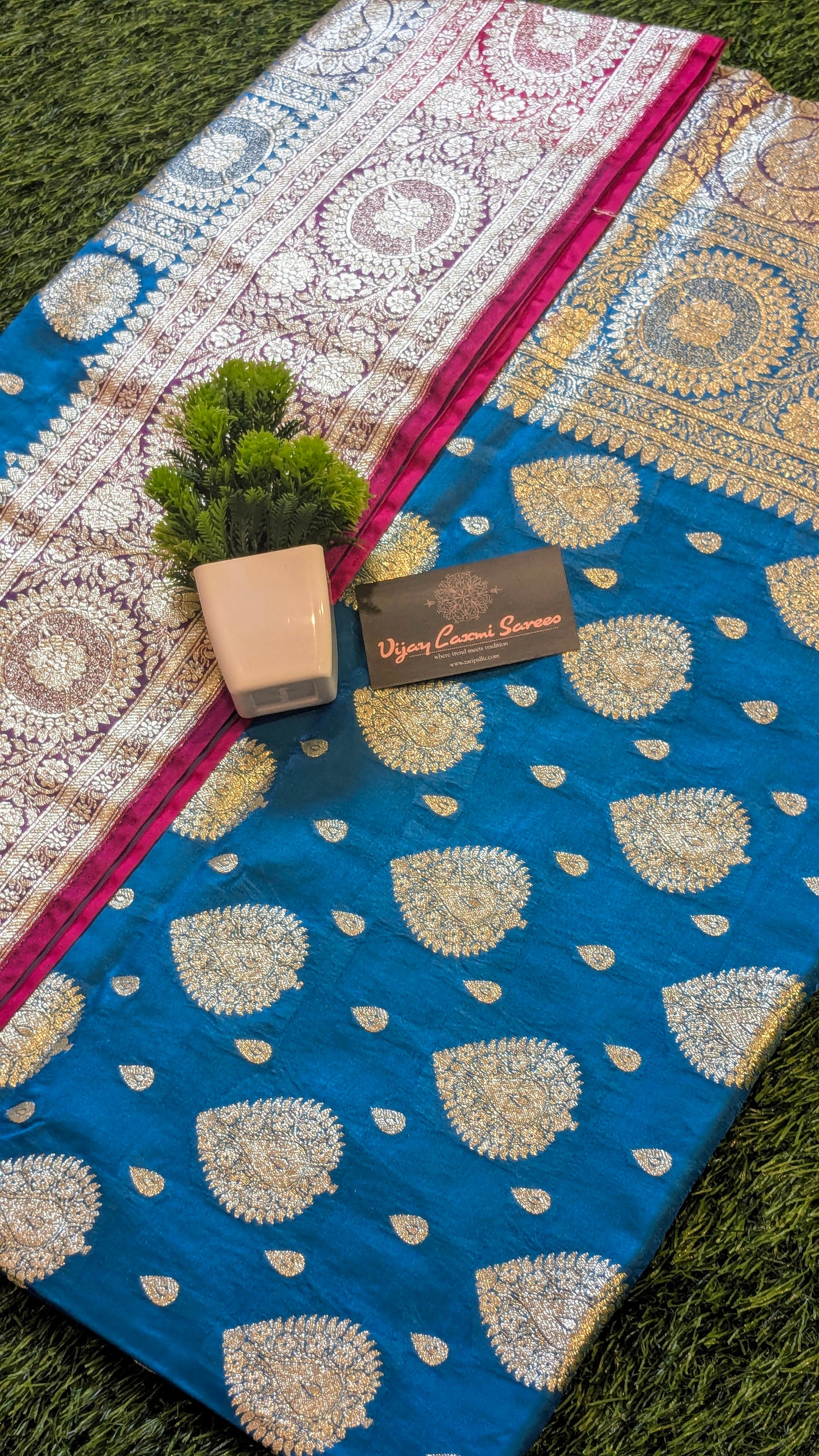 Banarasi Satin Mashru Katan Silk Saree with Double Golden Zari Bootas and Meenakari Accents