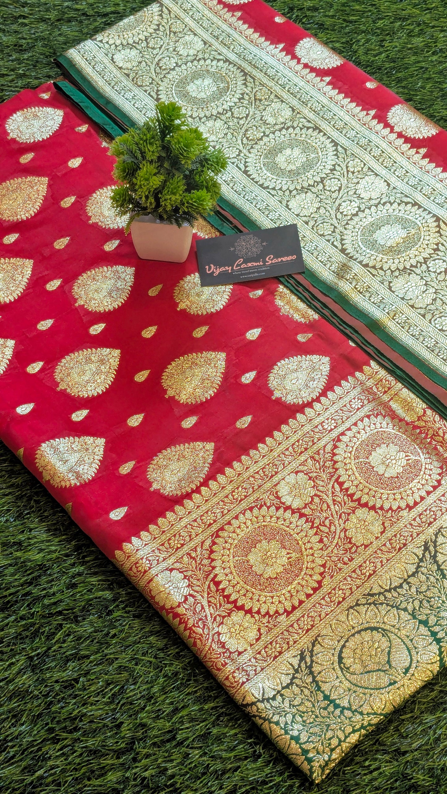 Banarasi Satin Mashru Katan Silk Saree with Double Golden Zari Bootas and Meenakari Accents
